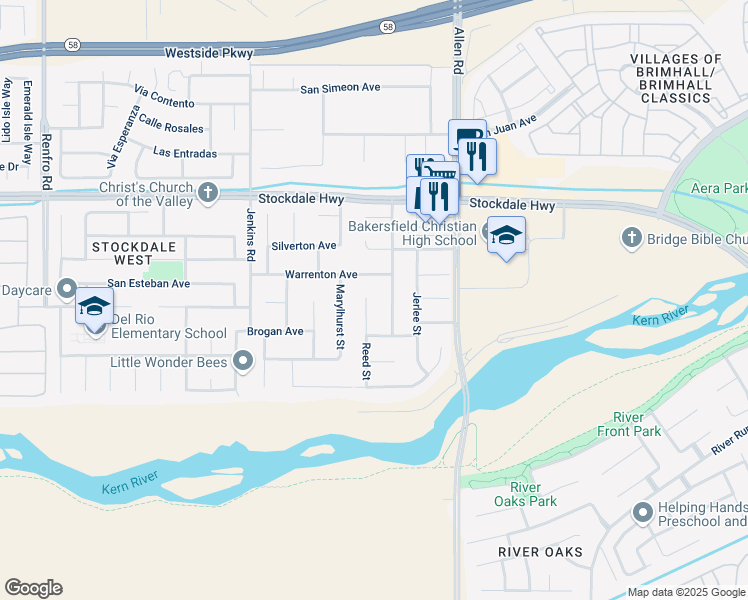 map of restaurants, bars, coffee shops, grocery stores, and more near 505 Reed Street in Bakersfield