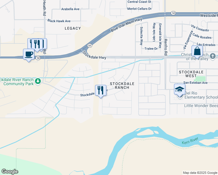 map of restaurants, bars, coffee shops, grocery stores, and more near 15215 Northampton Avenue in Bakersfield