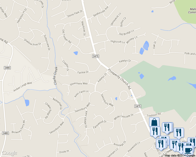 map of restaurants, bars, coffee shops, grocery stores, and more near 10019 Katelyn Drive in Charlotte