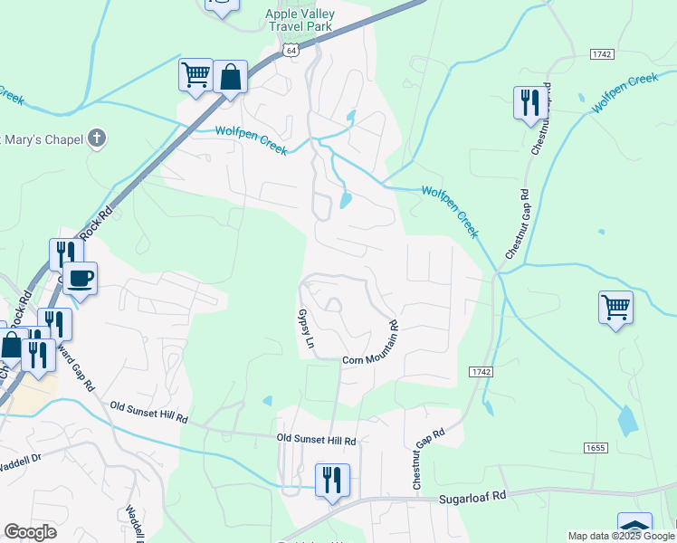 map of restaurants, bars, coffee shops, grocery stores, and more near 654 Corn Mountain Road in Hendersonville