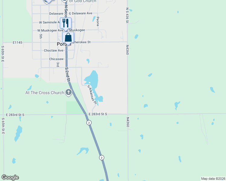map of restaurants, bars, coffee shops, grocery stores, and more near South Arkansas Place in Porum
