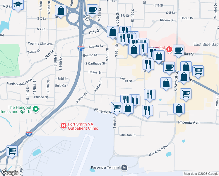 map of restaurants, bars, coffee shops, grocery stores, and more near 3418 South 66th Street in Fort Smith