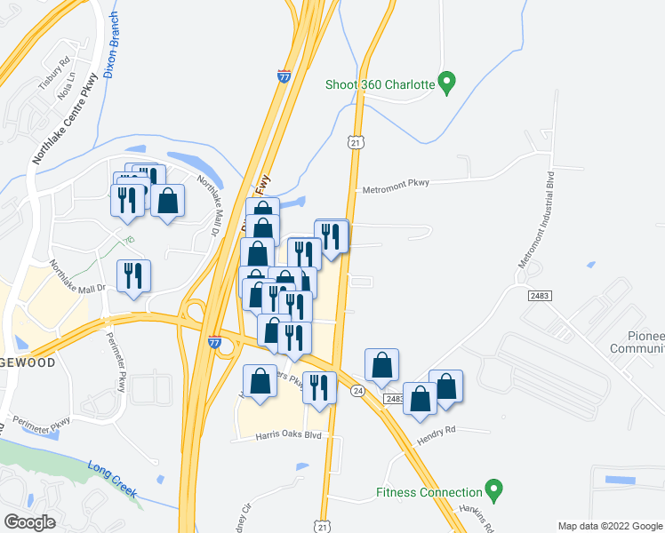 map of restaurants, bars, coffee shops, grocery stores, and more near 7340 Smith Corners Boulevard in Charlotte