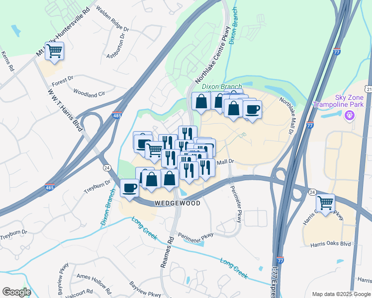 map of restaurants, bars, coffee shops, grocery stores, and more near 10903 Northlake Centre Parkway in Charlotte