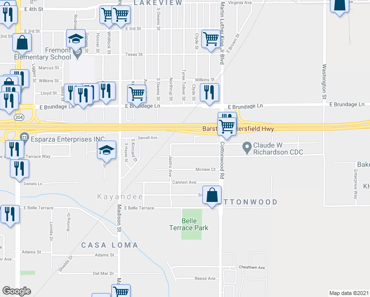 map of restaurants, bars, coffee shops, grocery stores, and more near 1012 Feliz Drive in Bakersfield