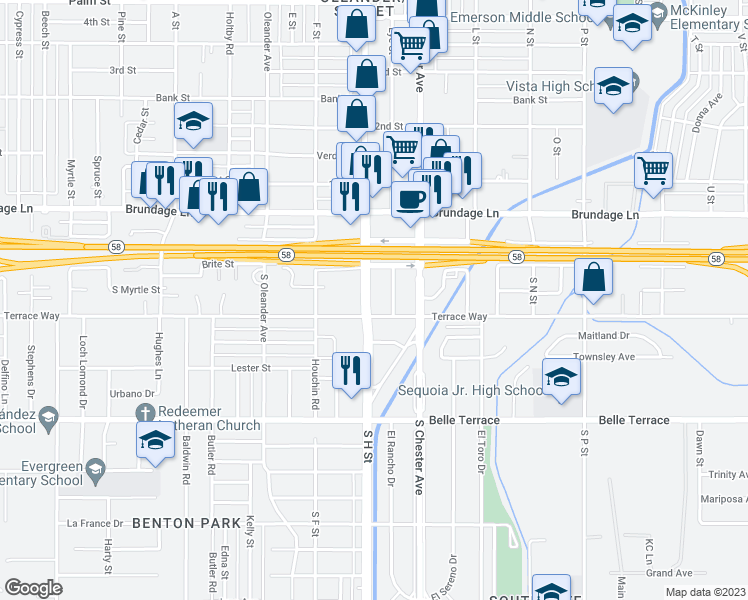 map of restaurants, bars, coffee shops, grocery stores, and more near 324 South H Street in Bakersfield