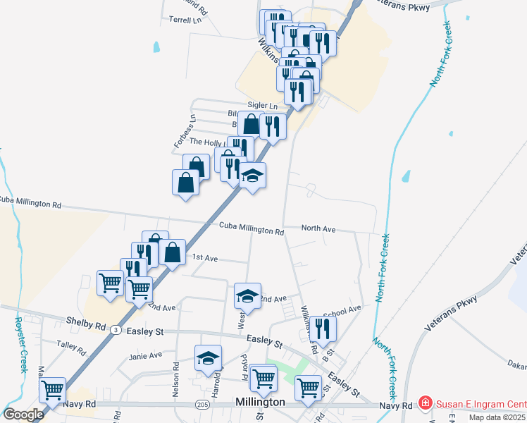 map of restaurants, bars, coffee shops, grocery stores, and more near 4964 Cuba Millington Road in Millington