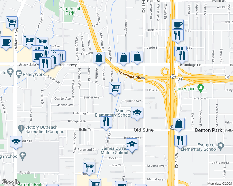 map of restaurants, bars, coffee shops, grocery stores, and more near 226 Stine Road in Bakersfield