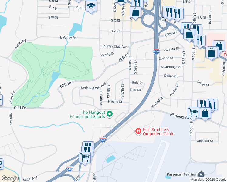 map of restaurants, bars, coffee shops, grocery stores, and more near 3208 South 56th Street in Fort Smith
