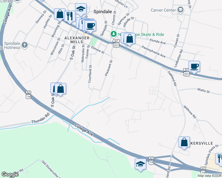map of restaurants, bars, coffee shops, grocery stores, and more near 132 Rutherford Street in Spindale