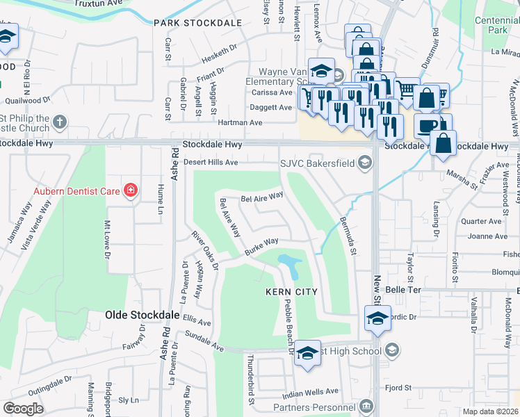 map of restaurants, bars, coffee shops, grocery stores, and more near 308 Birkdale Way in Bakersfield