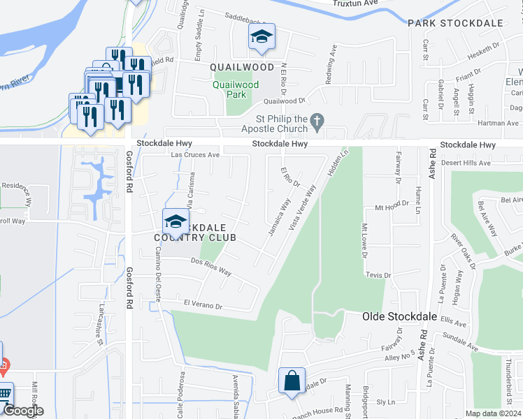 map of restaurants, bars, coffee shops, grocery stores, and more near 501 Starmount Lane in Bakersfield