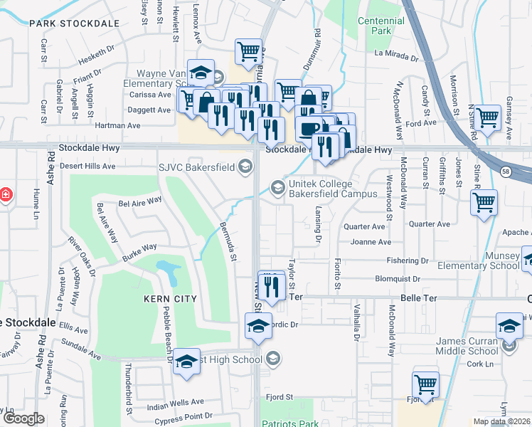 map of restaurants, bars, coffee shops, grocery stores, and more near in Bakersfield