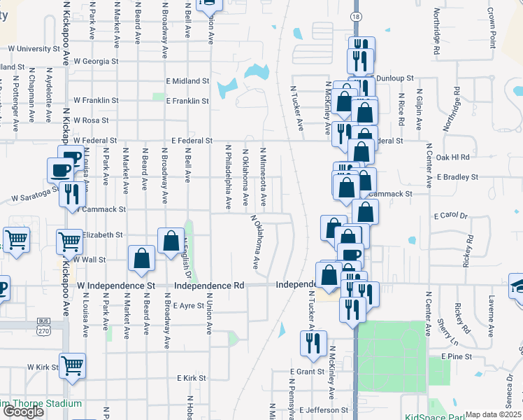 map of restaurants, bars, coffee shops, grocery stores, and more near 204 East Elizabeth Street in Shawnee
