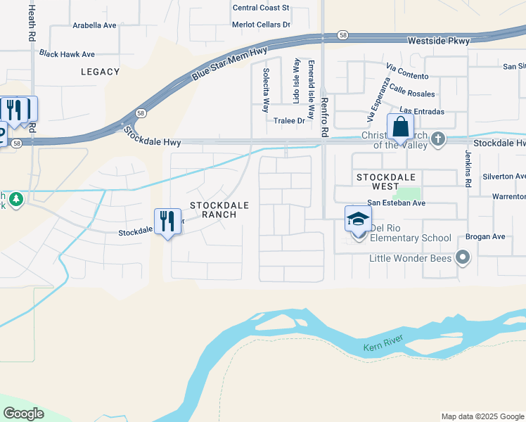map of restaurants, bars, coffee shops, grocery stores, and more near 308 White Alder Drive in Bakersfield