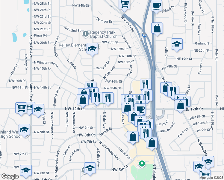 map of restaurants, bars, coffee shops, grocery stores, and more near 1413 Lawton Avenue in Moore