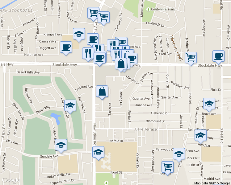 map of restaurants, bars, coffee shops, grocery stores, and more near 408 Taylor Street in Bakersfield