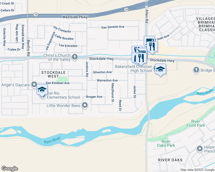 map of restaurants, bars, coffee shops, grocery stores, and more near 501 Marylhurst Street in Bakersfield