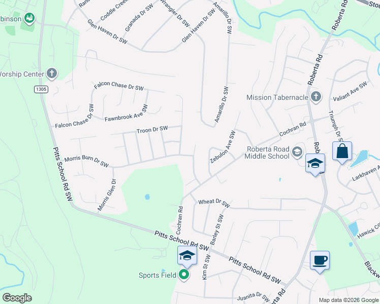 map of restaurants, bars, coffee shops, grocery stores, and more near 4536 Lanstone Court Southwest in Concord