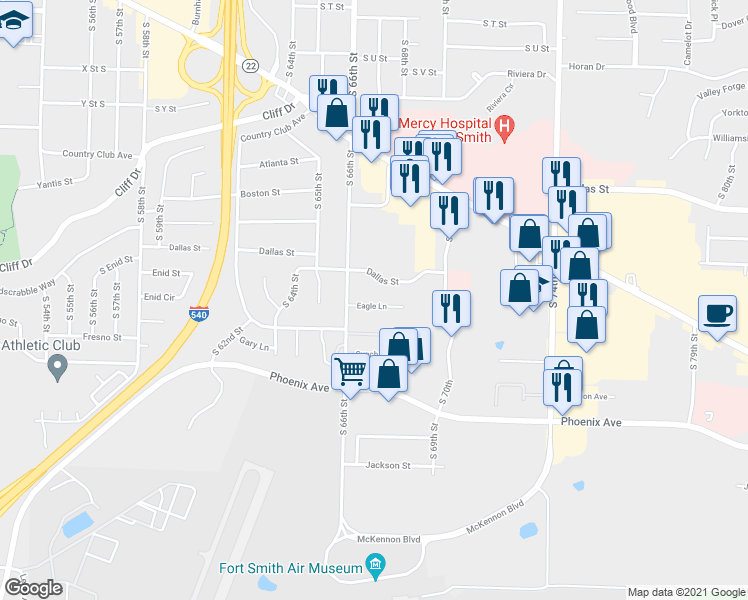 map of restaurants, bars, coffee shops, grocery stores, and more near 3407 South 66th Street in Fort Smith
