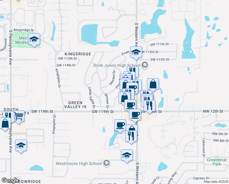 map of restaurants, bars, coffee shops, grocery stores, and more near 11825 South Douglas Avenue in Oklahoma City