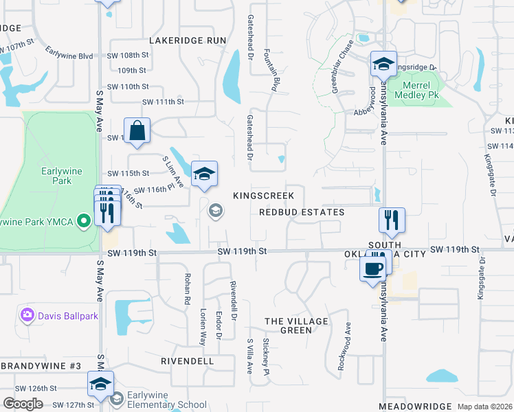 map of restaurants, bars, coffee shops, grocery stores, and more near 2416 Southwest 118th Street in Oklahoma City