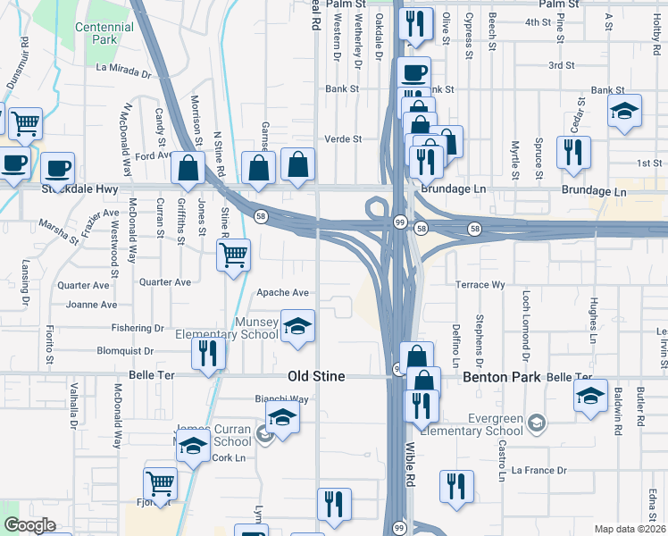 map of restaurants, bars, coffee shops, grocery stores, and more near 3503 Elcia Drive in Bakersfield