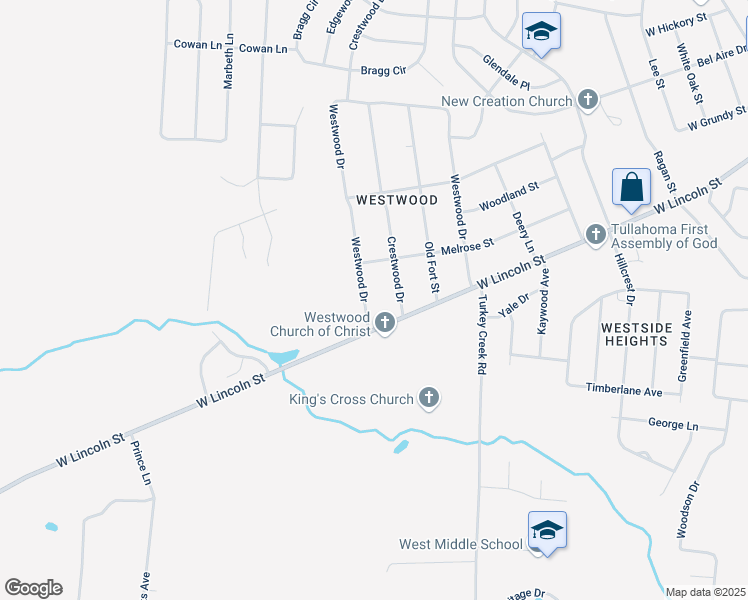 map of restaurants, bars, coffee shops, grocery stores, and more near 1113 Westwood Drive in Tullahoma