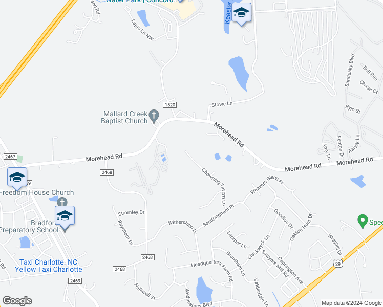 map of restaurants, bars, coffee shops, grocery stores, and more near 15213 Chowning Tavern Lane in Charlotte