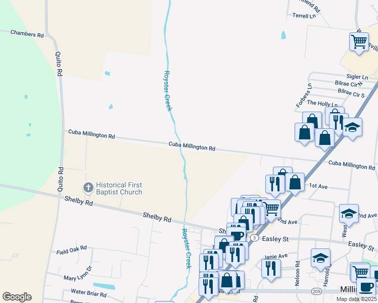 map of restaurants, bars, coffee shops, grocery stores, and more near 4555 Cuba Millington Road in Millington