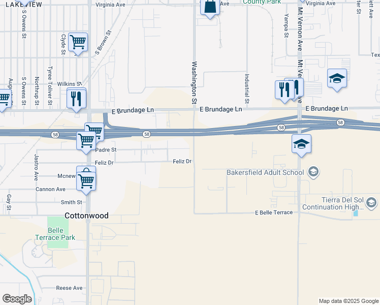 map of restaurants, bars, coffee shops, grocery stores, and more near 0 Washington Street in Bakersfield