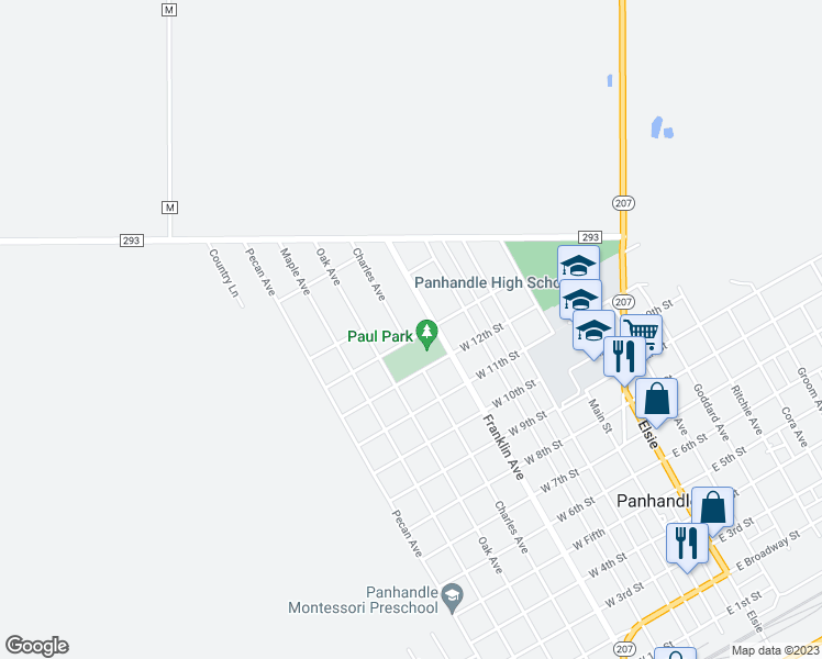 map of restaurants, bars, coffee shops, grocery stores, and more near 1300 Charles Avenue in Panhandle