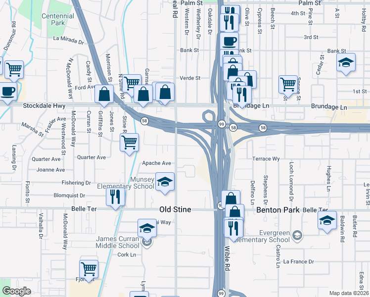 map of restaurants, bars, coffee shops, grocery stores, and more near 3503 Elcia Drive in Bakersfield