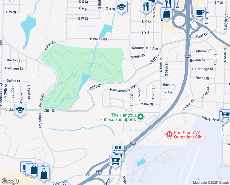 map of restaurants, bars, coffee shops, grocery stores, and more near 5105 Fresno Street in Fort Smith