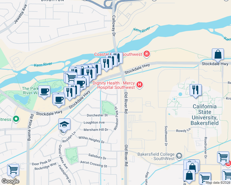 map of restaurants, bars, coffee shops, grocery stores, and more near 506 Lewisham Street in Bakersfield