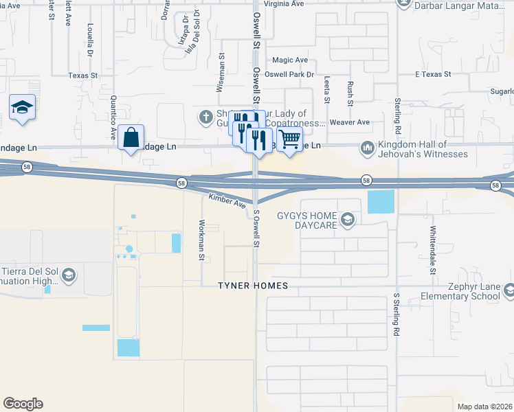 map of restaurants, bars, coffee shops, grocery stores, and more near 4810 Kimber Avenue in Bakersfield