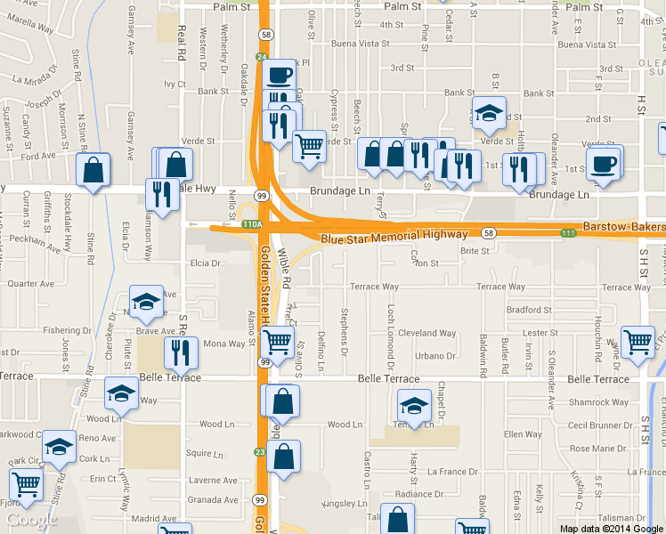map of restaurants, bars, coffee shops, grocery stores, and more near 2822 Terrace Way in Bakersfield