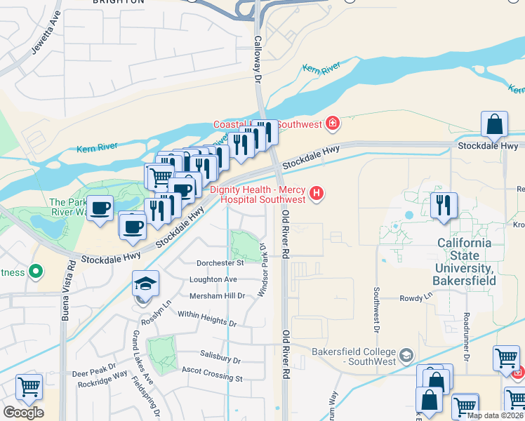 map of restaurants, bars, coffee shops, grocery stores, and more near 506 Lewisham Street in Bakersfield