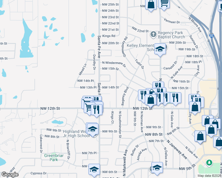 map of restaurants, bars, coffee shops, grocery stores, and more near 1008 Northwest 13th Street in Moore