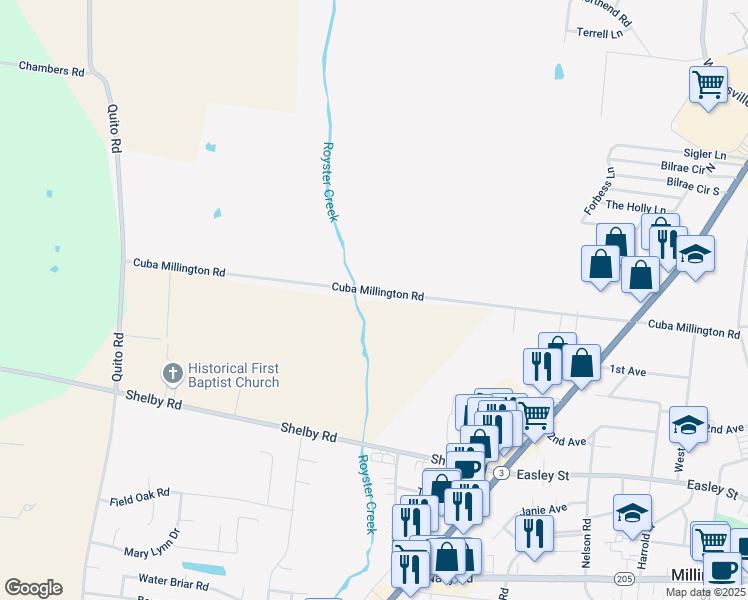 map of restaurants, bars, coffee shops, grocery stores, and more near 4555 Cuba Millington Road in Millington