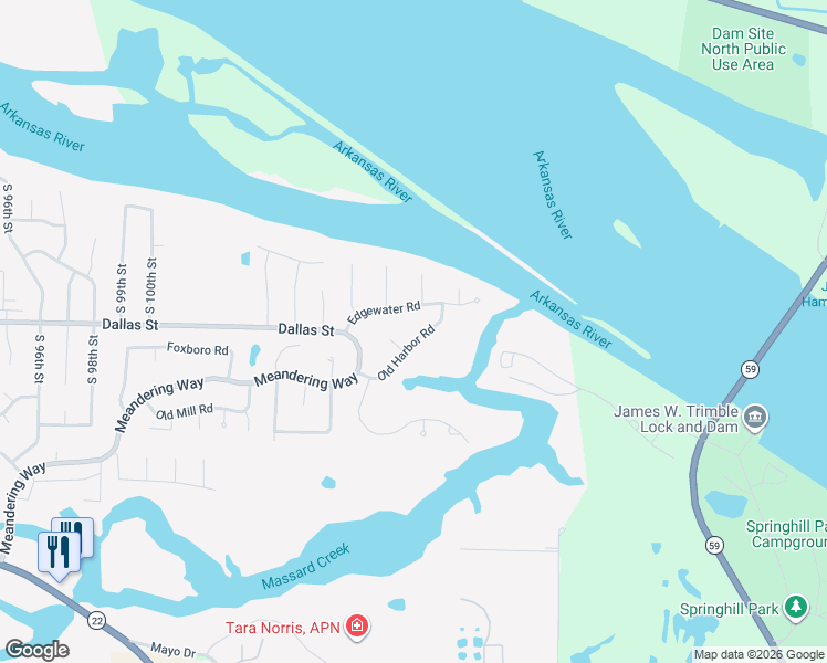 map of restaurants, bars, coffee shops, grocery stores, and more near 10800 Old Harbor Road in Fort Smith