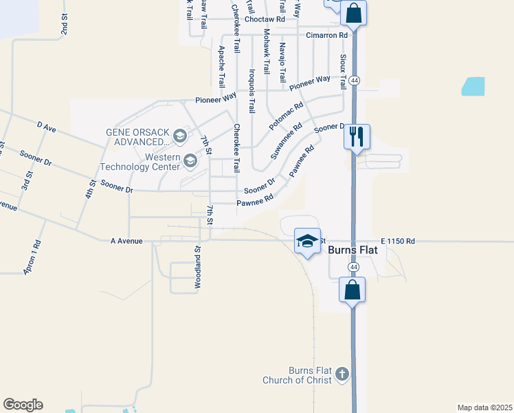 map of restaurants, bars, coffee shops, grocery stores, and more near 962 Cherokee Trail in Burns Flat