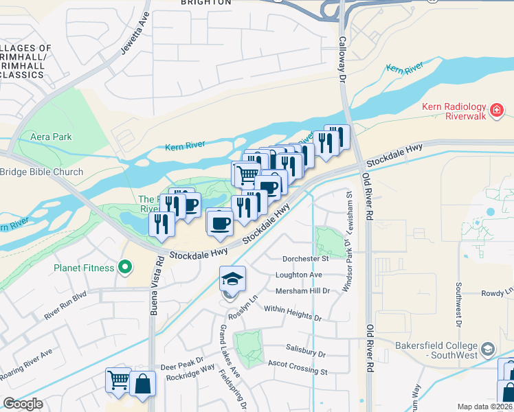 map of restaurants, bars, coffee shops, grocery stores, and more near 10650 Stockdale Highway in Bakersfield