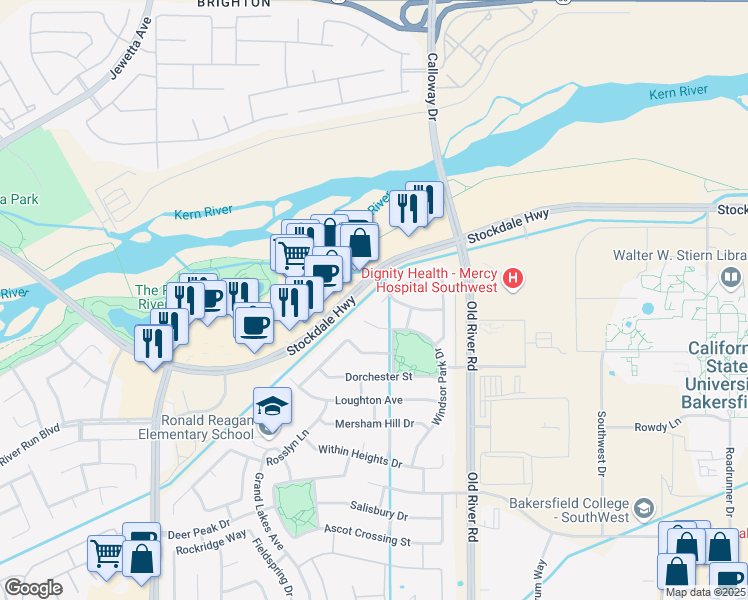 map of restaurants, bars, coffee shops, grocery stores, and more near 10410 Bichester Court in Bakersfield