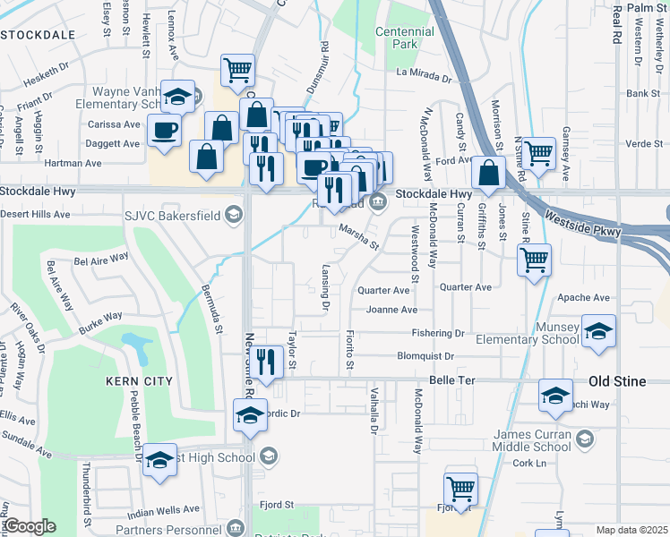map of restaurants, bars, coffee shops, grocery stores, and more near 4714 Frazier Avenue in Bakersfield