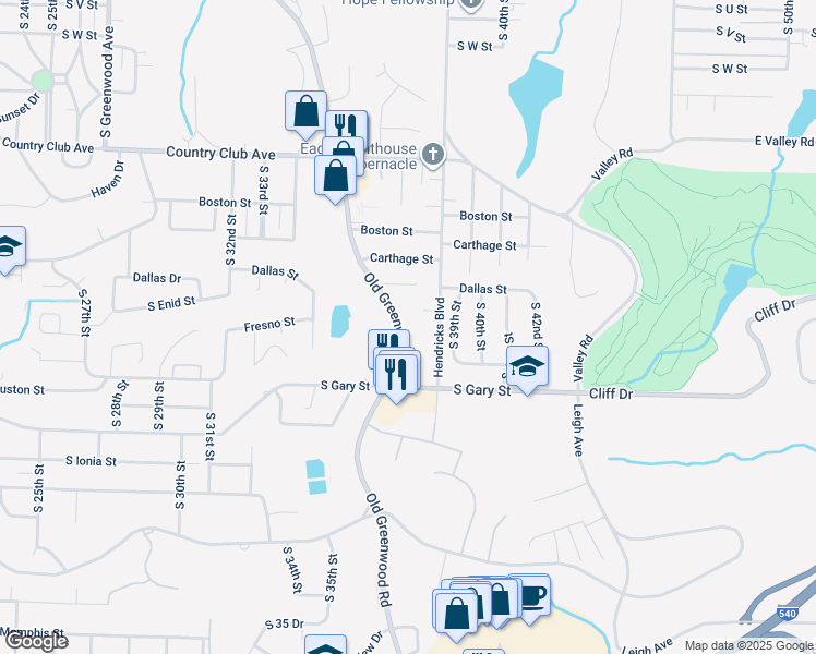 map of restaurants, bars, coffee shops, grocery stores, and more near 3421 Old Greenwood Road in Fort Smith