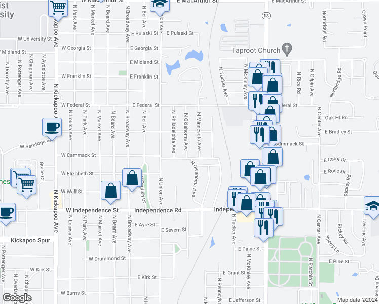 map of restaurants, bars, coffee shops, grocery stores, and more near 1809 North Oklahoma Avenue in Shawnee
