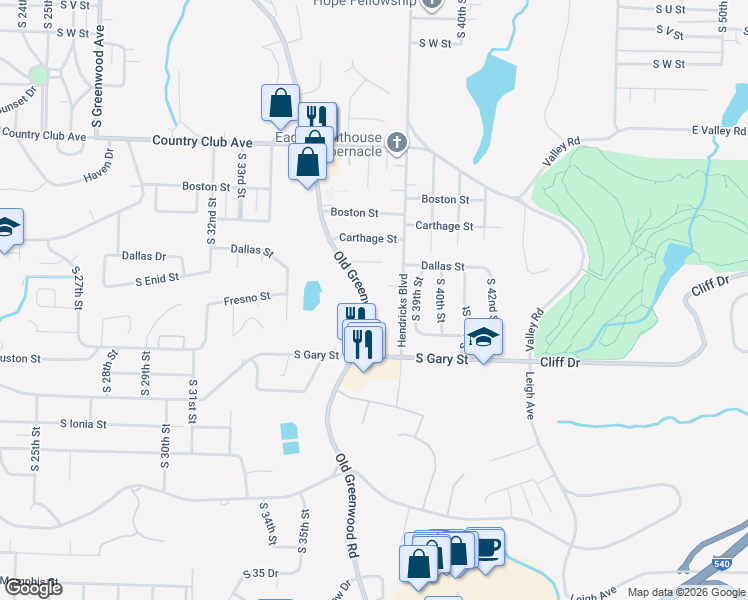 map of restaurants, bars, coffee shops, grocery stores, and more near 3421 Old Greenwood Road in Fort Smith