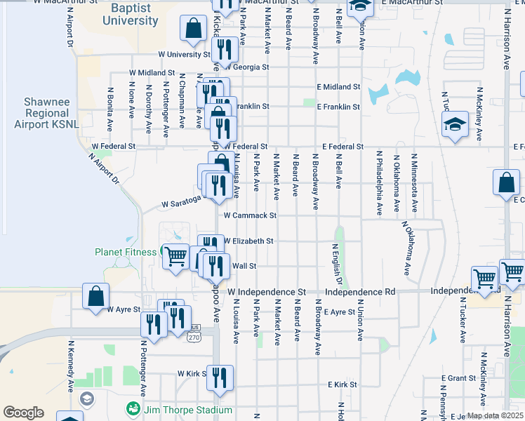 map of restaurants, bars, coffee shops, grocery stores, and more near 1721 North Park Avenue in Shawnee