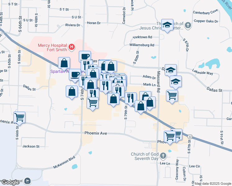 map of restaurants, bars, coffee shops, grocery stores, and more near 7723 Rogers Avenue in Fort Smith